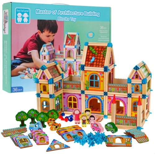 Drewniane klocki konstrukcyjne zestaw do budowania domku BLLN-3508